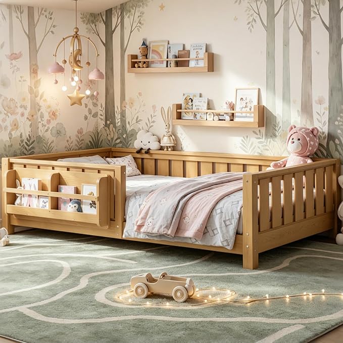 Bellemave Twin Floor Bed Frame with Fence & Bookshelf, Solid Pine Wood Twin Montessori Floor Bed with Slats Load 300LBS, Low Profile Floor Bed for Kids, Nursery, Bedroom, Easy Assembly, Natural