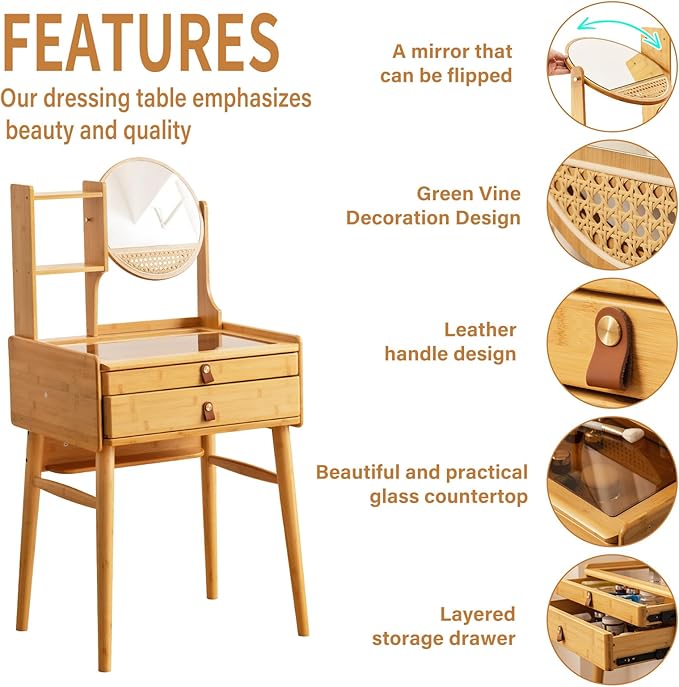 Tiita Vanity Desk, Makeup Vanity Table with Mirror, Dressing Table with 2 Drawers,Modern Wood Bedroom Vanity Vintage Dressing Table for Women Girls, Wood