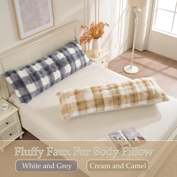 Luxury Shaggy Faux Fur Body Pillow,Fluffy Bed Pillow with Zipper Closure,Soft Decorative Plush Full Long Pillows,Fuzzy Hug Pillow for Living Room Side Sleeper & Pregnancy 20"x54" Cream and Camel