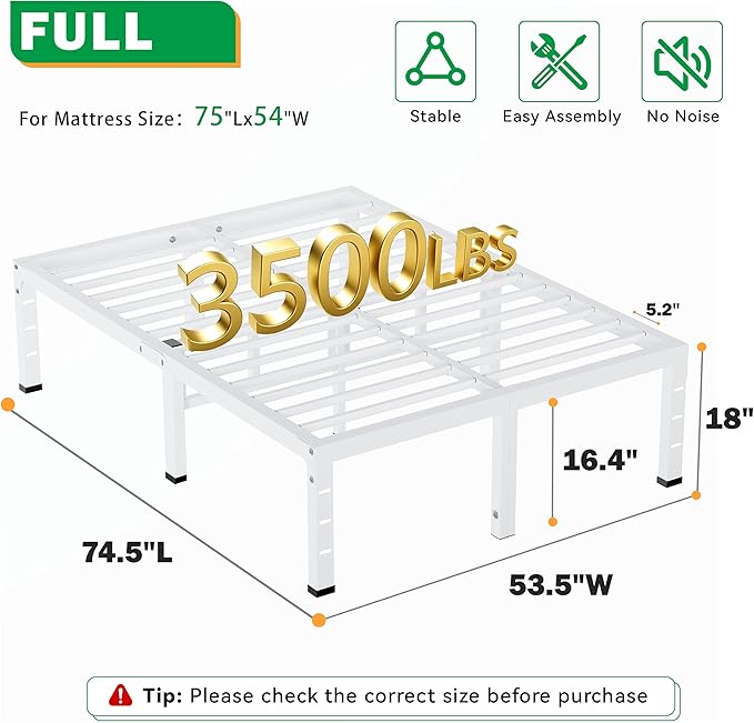 18 Inch Full Size Bed Frames, Heavy Duty Metal Platform 3500 lbs Capacity, No Box Spring Needed, 6 Mattress Slide Stopper, Headboard Holes, Noise-Free, Easy Assembly, White