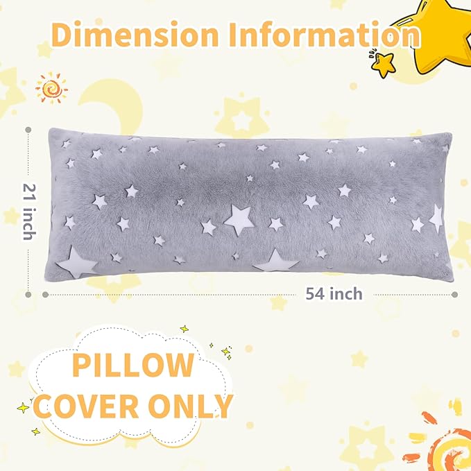 Cloele Body Pillow Cover Glow in The Dark Long Pillow Cases Full - 21x54 inches Grey Star Ultra Soft Body Pillowcase for Kids Girls Boys Decorative Body Pillow Pillowcases(Only Cover)
