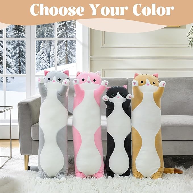 Cute Cat Plush Long Body Pillow – Soft Cartoon Stuffed Animal Doll, Kawaii Cat Plushie Cuddle Toy for Kids, Girls & Girlfriend (Pink, 27.5 Inch)