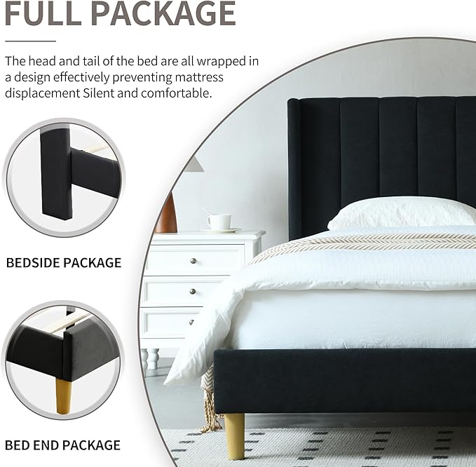 YUHUASHI upholstered Platform Bed Frame/King Bed Frame/Modern Geometric Double-Wing Design headboard/Linen Fabric/Easy to Assemble no Noise (Black, King (U.S. Standard))