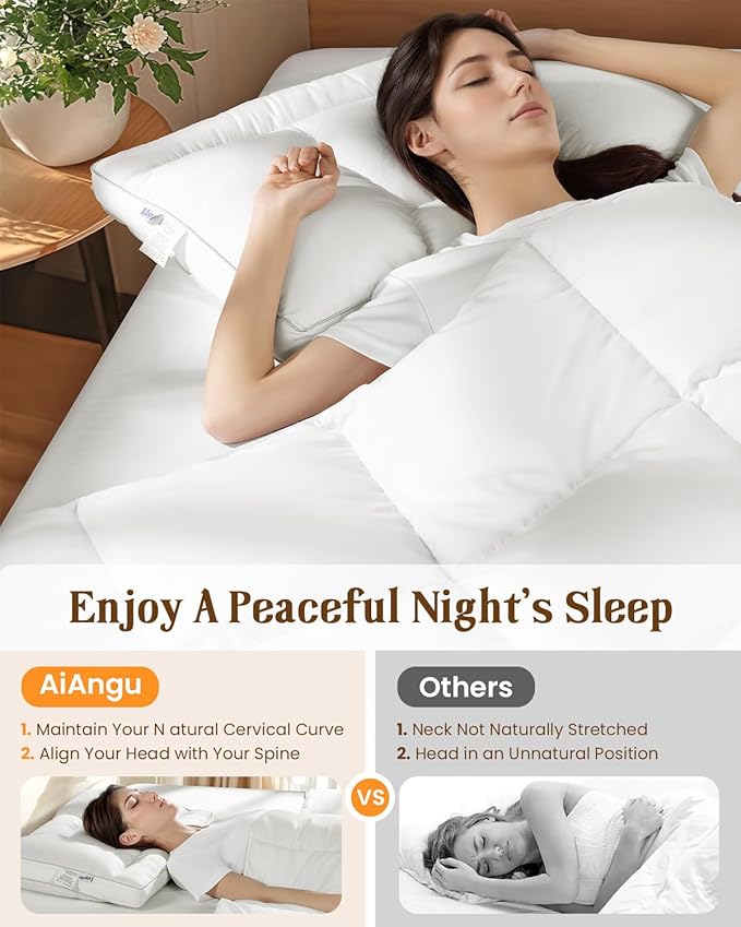 Goose Down Pillow Queen Size Set of 2, Cervical Support for Neck Pain Relief, 1250+ Fill Power, 600 Thread Count Cotton Shell, for Side, Back, and Stomach Sleepers(White,Queen(Pack of 2))