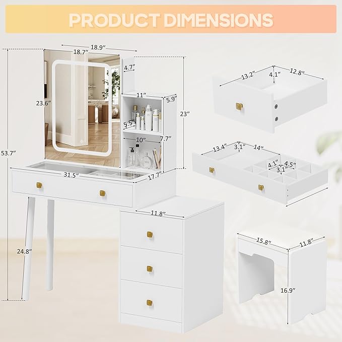 KAMABOKO Vanity Desk with Mirror and Lights, Makeup Vanity Table with Drawers & Shelves, Power Outlet, Dressing Table with Jewelry Storage for Bedroom (055 White)