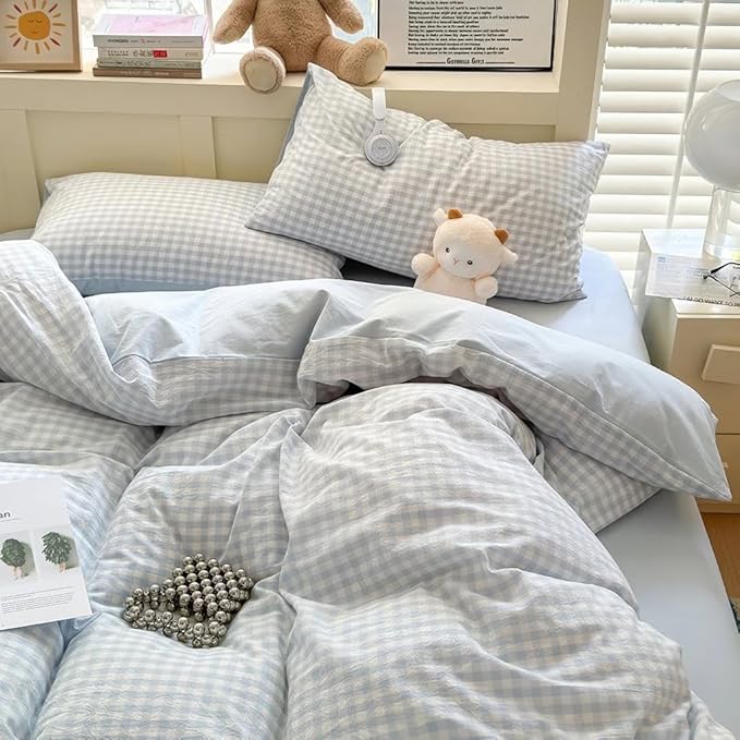 Nayoroom Gingham Duvet Cover Queen Size Reversible Blue Plaid Checkered Duvet Cover 3 Pieces Soft Breathable Washed Microfiber Girls Dorm Bedding Set for All Seasons