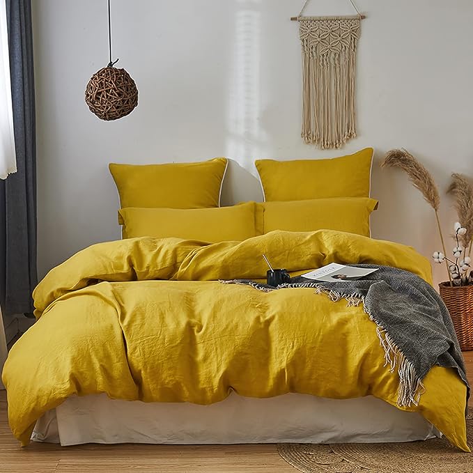 Simple&Opulence 100% Linen Duvet Cover Set 3pcs Basic Style Natural French Washed Flax Solid Color Soft Breathable Farmhouse Bedding with Button Closure - Mustard Yellow, Queen