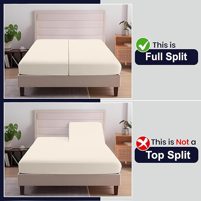 SGI Split King Sheet Set for Adjustable Bed Egyptian Premium Cotton 600 Thread Count Sheets for Sleep Number Bed 15" Deep Pocket 5 Pc Set with 2 Twin XL Fitted Sheets Soft Breathable -Ivory