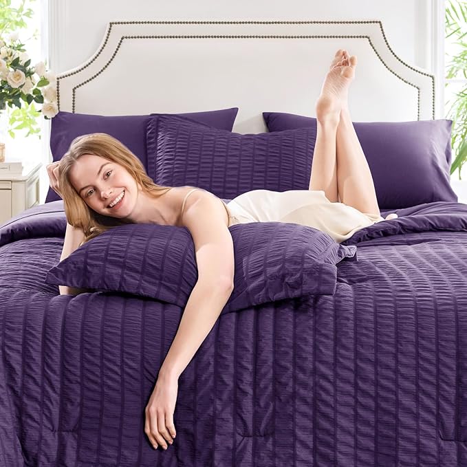 CozyLux Full Size Comforter Sets with Sheets 7 Pieces, Purple Seersucker Bed in a Bag Textured Luxury Soft Bedding Sets with Down Alternative Comforter, Sheets, Pillowcases & Shams for All Seasons