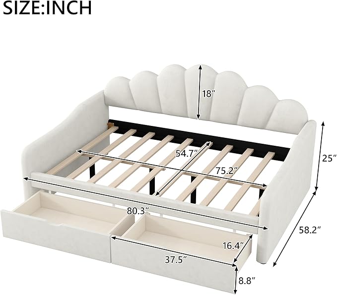 Merax Full Size Modern Upholstered Sofa Day Bed with Shall Shaped Backrest & Storage Drawers, Mutifunction Platform Bed with Wood Slat Support,Velvet Storage Bed Frame with Headboard/Twin, White