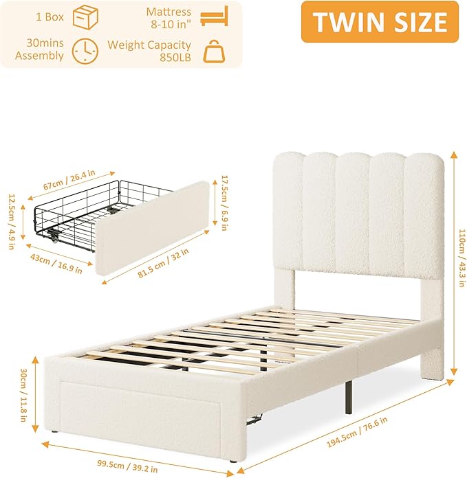 IDEALHOUSE Twin Bed Frame with Storage Drawer and Headboard, Boucle Upholstered Twin Platform Bed Frame for Girls, Strong Wooden Slats Support, Noise-Free, Easy Assembly (Boucle Beige)