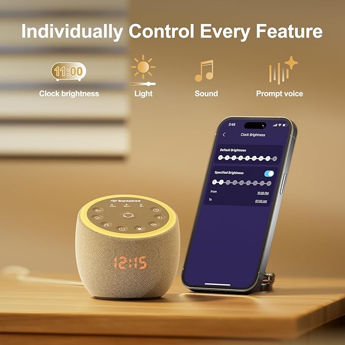 Santebee Sound Machine for Sleep, White Noise Sound Machine 388 Soothing Sounds, 3 Custom Buttons Smart APP Control Night Light, Noise Canceling Dimmable Clock for Adults Baby Kids Lullaby Office
