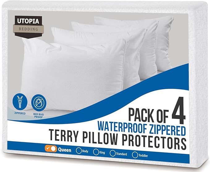 Utopia Bedding Set of 4 Waterproof Pillow Protectors with Zipper Queen Size 20 x 28 Inches, Terry Polyester Pillow Covers, Bed Bug and Dust Mite Proof Pillow Cases
