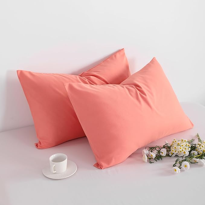 FLXXIE Pillow Cases Standard Size, Soft Microfiber Pillow Covers with Envelope Closure, Wrinkle, Stain Resistant Pillowcases, 2 Piece Set, 20x26, Coral