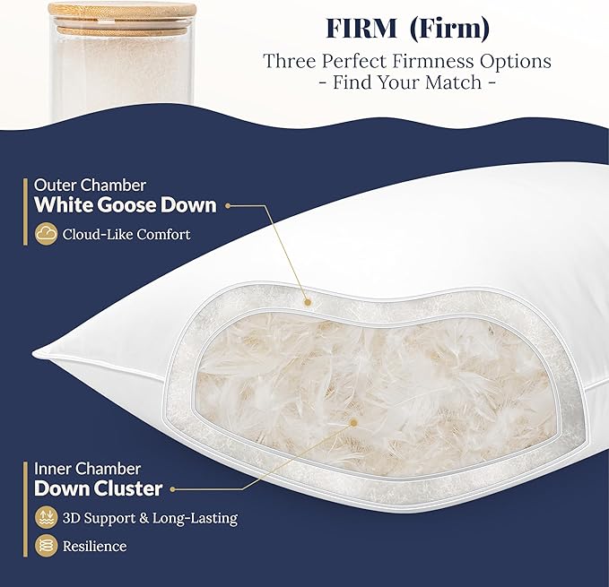 White Goose Down Pillow Luxury Hotel Bed Pillow with Natural Goose Down Fiber Pillow for Sleeping, 700TC Cotton Shell, Queen Size - Firm/More Support, 1 Pack