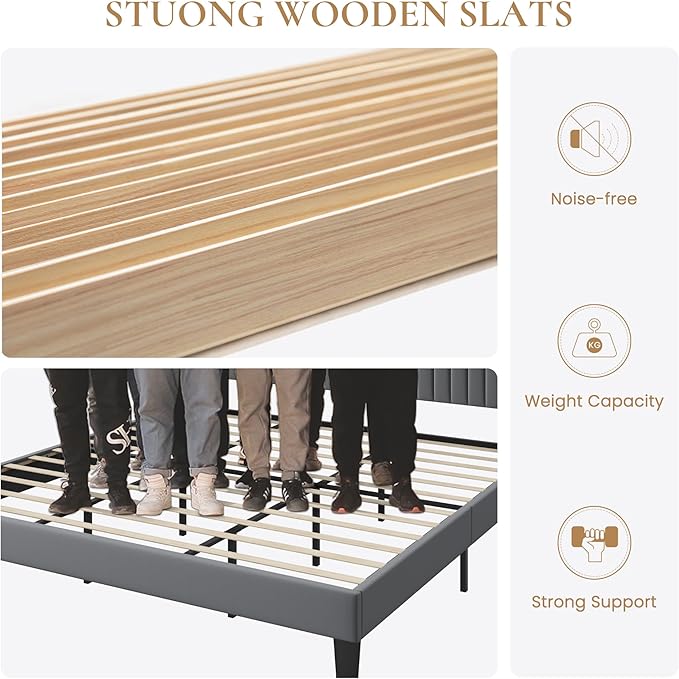 SHA CERLIN King Size Velvet Bed Frame with USB Charging Station, Wingback Storage Headboard, Upholstered Platform Bed with Wooden Slats Support, No Box Spring Needed, Easy Assembly, Grey