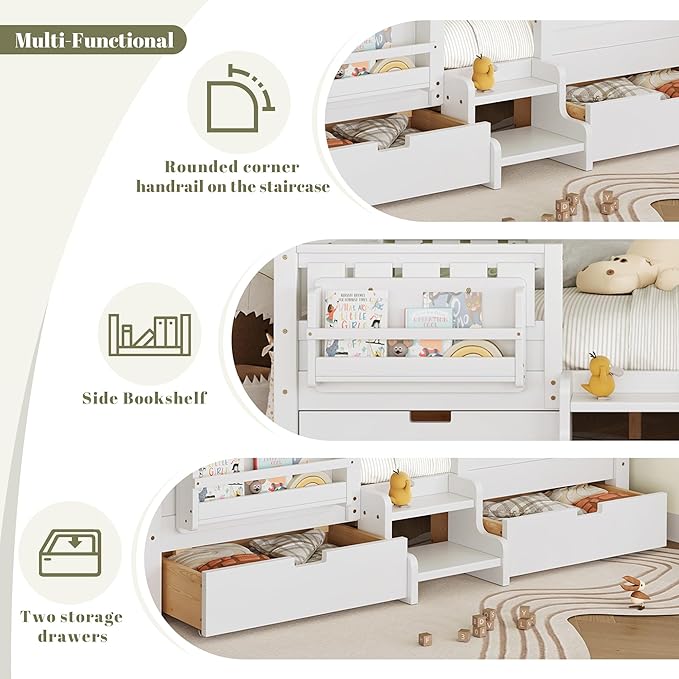 Bellemave Queen Bed with Storage Drawers & Bookshelf, Low Profile Kids Bed Frame with Staircase & Full Length Guardrails, Solid Wood Queen Bed for Kids with Slats Load 550LBS, Easy Assembly, White