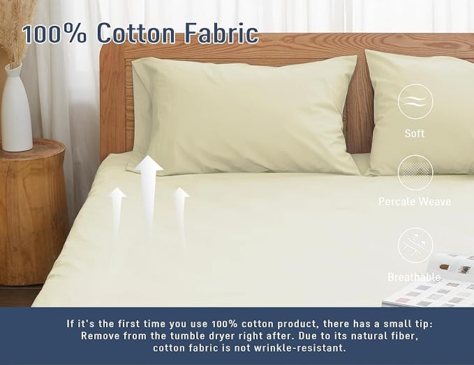 Pillow Cases, Standard Queen Size Cotton Percale Weave Pillowcases, Pre-Shrunk Breathable and Hypoallergenic Pillowcases, Set of 2 (2 Piece Standard/Queen 20 Inch x 30 Inch, Cream)