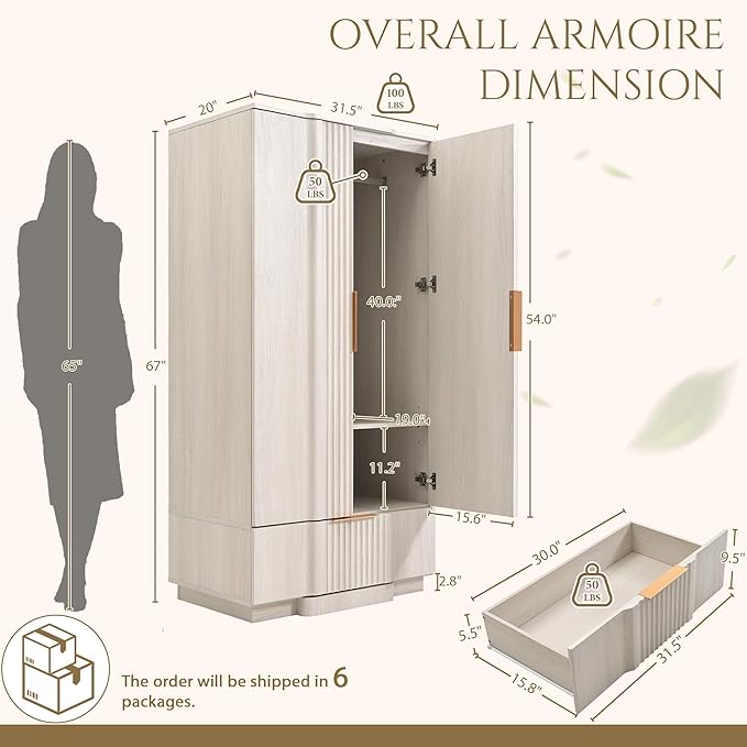 Yechen 67" Fluted Armoire Wardrobe Closet Set of 3 with Doors and Drawer, Wooden Wardrobe Closet Cabinet with Adjustable Shelve, Modern Small Armoires Storage Clothes, Coats for Bedroom, White, 3pcs