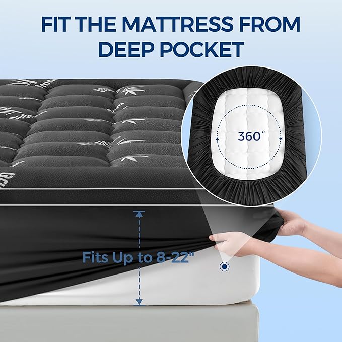 Mattress Topper King Size, Cooling Extra Thick Breathable Viscose Made from Bamboo Mattress pad, Soft Quilted Fitted Mattress Cover with 1000 GSM Down Alternative Fill (8-21”Deep Pocket) Dark Gray