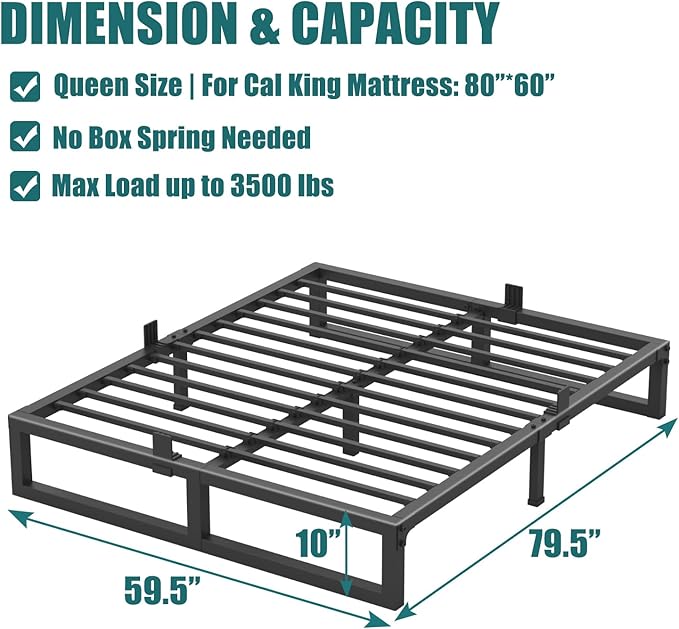 Yitong Angel 10 inch Queen Bed Frame Low Profile Metal Platform with Mattress Slide Stopper,Heavy Steel Slats Support Frames,No Box Spring Needed,Noise Free,Non-Slip,Easy Assembly