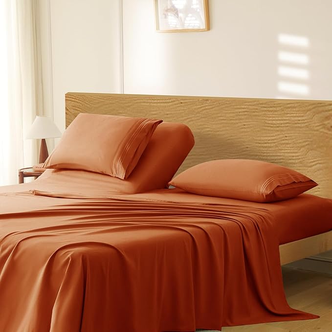 Manyshofu 4 Piece Split Head California King Sheets Sets for Adjustable Bed Sheet, Flex Head Split Top Cal King Sheets Burnt Orange Sheet Set - 1800 Thread Count Bedding Set with Deep Pockets