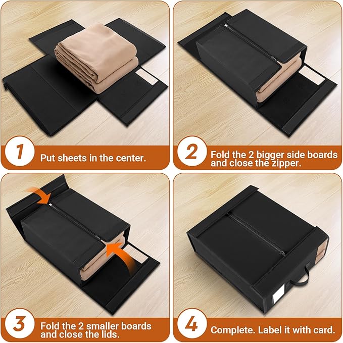 StorageTastic 8 Pack Bed Sheet Closet Organizers and Storage,Sturdy Foldable Storage Containers with Window and Label,Storage and Organization for Bedding Sheets,Duvet Covers,Blankets (Black)