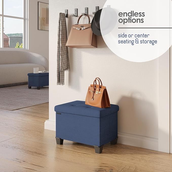 Storage Ottoman Cube with Small Bin, 16-in Square Ottoman with Storage for Living Room and Bedroom, Small Ottomans Foot Rest, Fabric Foot Stools Ottomans Max 330lbs, Blue
