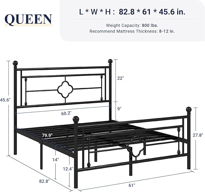 Allewie Queen Size Metal Platform Bed Frame with Victorian Vintage Headboard and Footboard/Mattress Foundation/Under Bed Storage/No Box Spring Needed/Noise-Free/Easy Assembly, Black