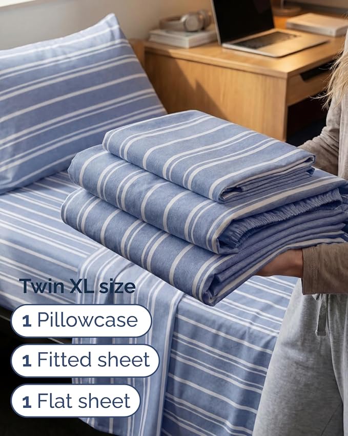 Twin XL Size 3 Piece Sheet Set - Comfy Breathable & Cooling Sheets - Hotel Luxury Bed Sheets for Women & Men - Deep Pockets, Easy-Fit, Soft & Wrinkle Free Sheets - Blue Stripes Oeko-Tex Bed Sheet Set