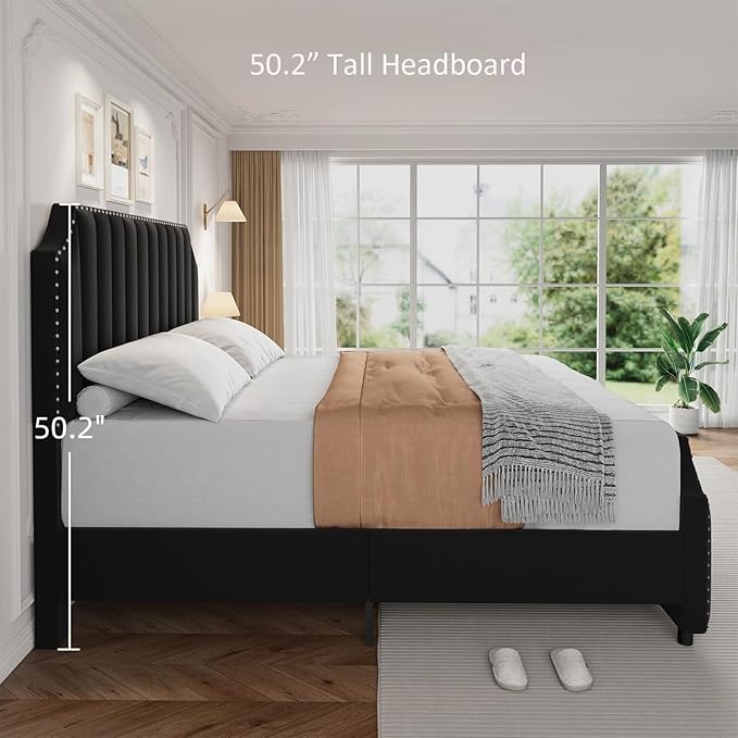 GarveeHome Queen Size Velvet Bed Frame, 50.2" Tall Headboard & Footboard, Upholstered Platform Queen Bed Frame with Nailhead Trim, No Box Spring Needed, Noise Free, Solid Wooden Slats, Black