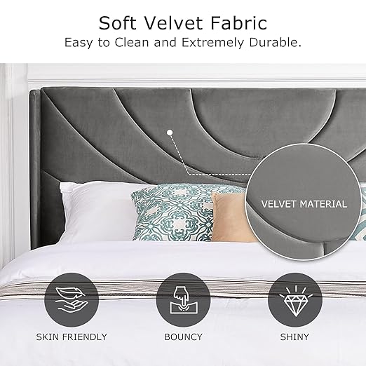 VECELO Upholstered Platform Queen Bed Frame with Fabric Headboard,Wooden Slats Support/No Box Spring Needed/Mattress Foundation,Dark Grey