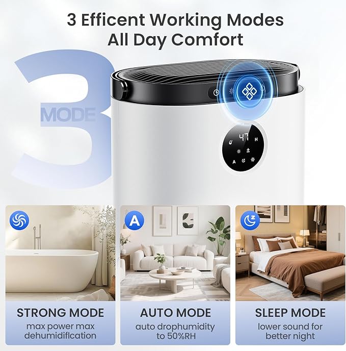 Dehumidifier for Bathroom, Dehumidifiers for Home, Bedroom, Living room with 68 OZ Water Tank, Auto Humidity Control, Digital Display, 7 Color Breathing Light, White