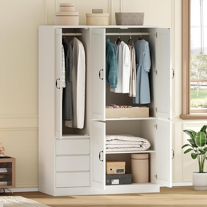RALGEND Armoire Wardrobe Closet Set of 2, with 3 Drawers and 5 Doors, Wardrobe Cabinet for Bedroom, 70.9" Bedroom Armoire with Hanging Rod, Large Capacity Storage Wardrobe Armoire, White