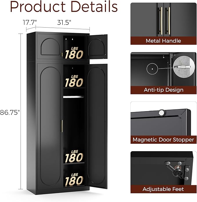 Metal Armoire Wardrobe Closet with Doors, 86" Tall Wardrobe Cabinet with Hanging Rod and Adjustable Shelves, Black Clothing Storage Cabinets for Bedroom, Home Office