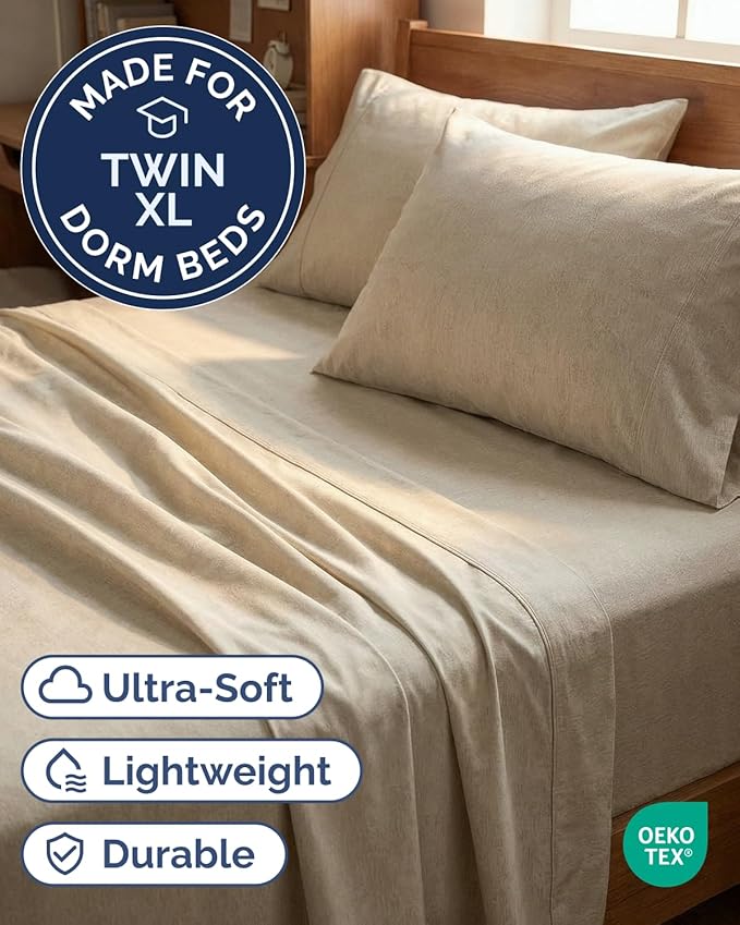 Twin XL 4 Piece Sheet Set - Comfy, Breathable & Cooling - Soft Hotel Luxury Bedding for Women, Men, Kids, Teens & Children - 1 Flat & 1 Fitted Sheet & 2 Pillowcases w/ Deep Pockets - Heathered Beige