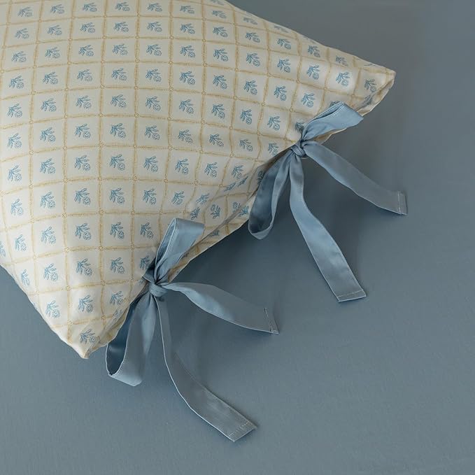 VM VOUGEMARKET White Blue Duvet Cover Twin Garden Style Blue Flower Duvet Cover 100% Cotton Grid Comforter Cover with 2 Bow Ties Pillowcases Botanical Cottagecore Bedding Sets