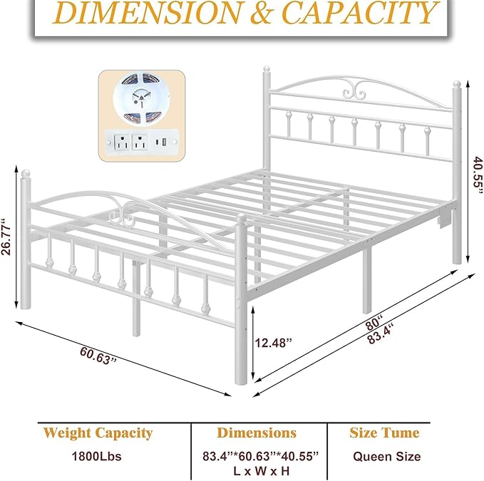 Queen Bed Frame with Charging Station,White Metal Platform Bed Frame Queen Size with LED Lights,Heavy Duty Metal Steel Slats Support,Noise Free,Easy to Assemble,12 Inch