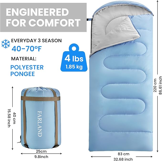 FARLAND Sleeping Bags for Adults, 3 Season Warm & Cool Weather, Lightweight Camping Sleeping Bag for Kids Family Camping Essentials with Compression Sack for Hiking