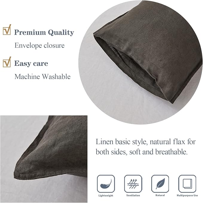 Simple&Opulence 100% Linen Lumbar Pillow Cover 12 x 20 Inches Set of 2 Rectangular Decorative Throw Cushion Cover for Couch Sofa Bed Living Room Office Soft Breathable Farmhouse - Dark Grey