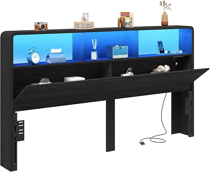 King Headboard Only, 78.7" Wide Wooden Headboard King Size with Storage, Modern Farmhouse Head Board with Outlets & USB Ports, Wall Mounted Headboards with Color-Changing LED, Black