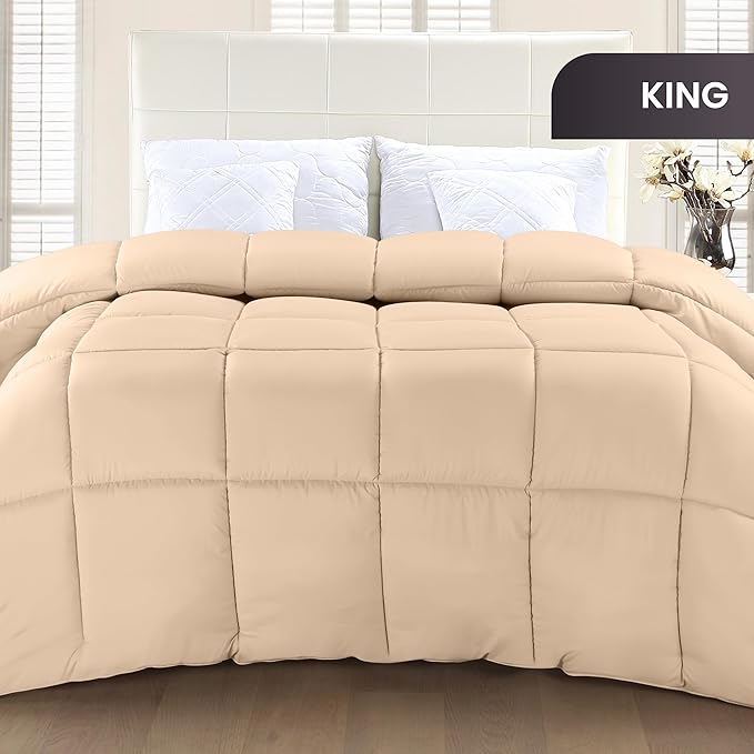 Utopia Bedding King Comforter Duvet Insert, Quilted Beige Comforter with Corner Tabs, Box Stitched Down Alternative Comforters King Size 90 x 102 inches