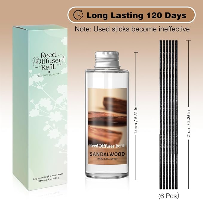 SCENTORINI Reed Diffuser Oil Refill, Sandalwood Diffuser Oil 6.76 Fl Oz, Natural Scented Essential Oil Refill Long Lasting Summer Home Fragrance for Bathroom Bedroom Spa Aromatherapy Home Decor