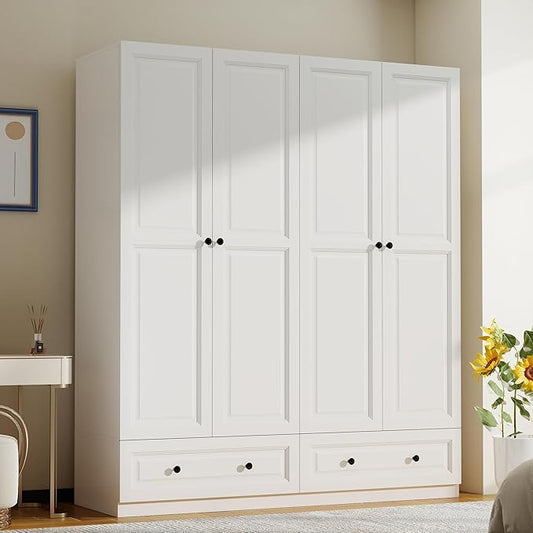 Armoire Wardrobe Closet with Drawers: 74" White Wardrobe Close with 4 Doors, Tall Armoire with Hanging Rod, Large Wood Clothes Cabinet for Bedroom (White, 63")