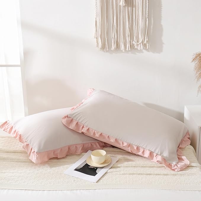 Merryword Pink Pillow Shams Standard Pillowcases 20x26inch Beige and Pink Reversible Cute Pillow Cover Set of 2 Soft Shabby Chic Ruffled Pillowcases