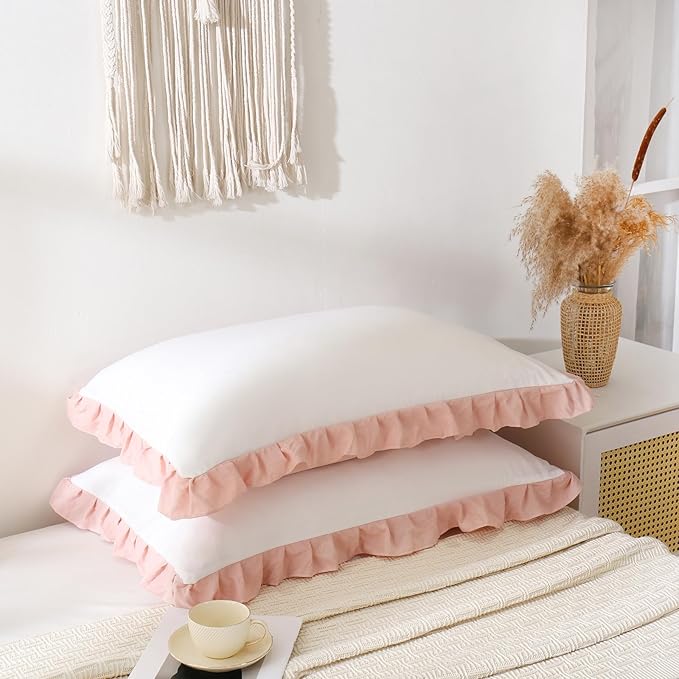 Merryword Pink Pillow Shams White and Pink Reversible Standard Pillowcases Cute Pillow Cover Set of 2 Soft Shabby Chic Ruffled Pillowcases 2 Pack (Queen (20''x30''), White Pink)
