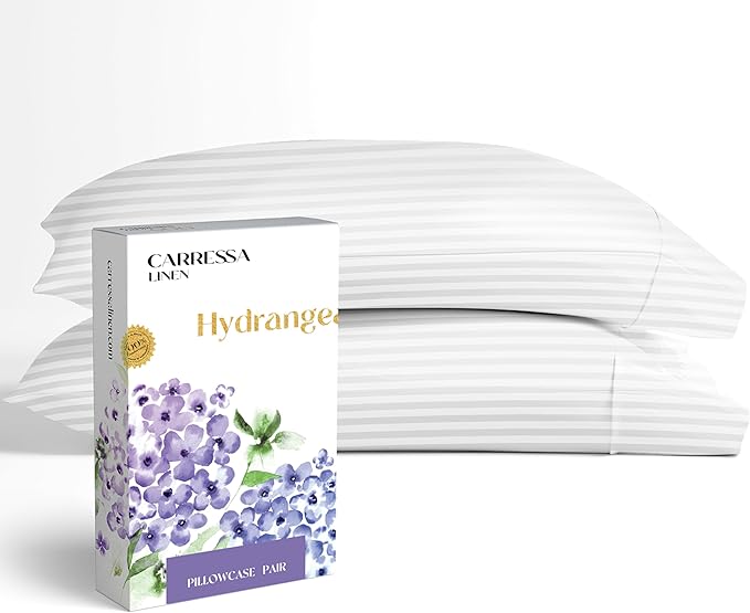 Carressa Linen 100% Egyptian Cotton King Size Pillow Cases Set of 2 - Luxury 600 Series Hydrangeas Collection Damask King Pillowcases (White Stripe), Soft, Cooling Breathable Sateen Hotel Quality