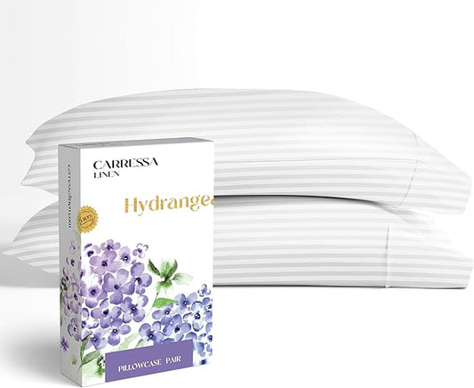 Carressa Linen 100% Egyptian Cotton King Size Pillow Cases Set of 2 - Luxury 600 Series Hydrangeas Collection Damask King Pillowcases (White Stripe), Soft, Cooling Breathable Sateen Hotel Quality