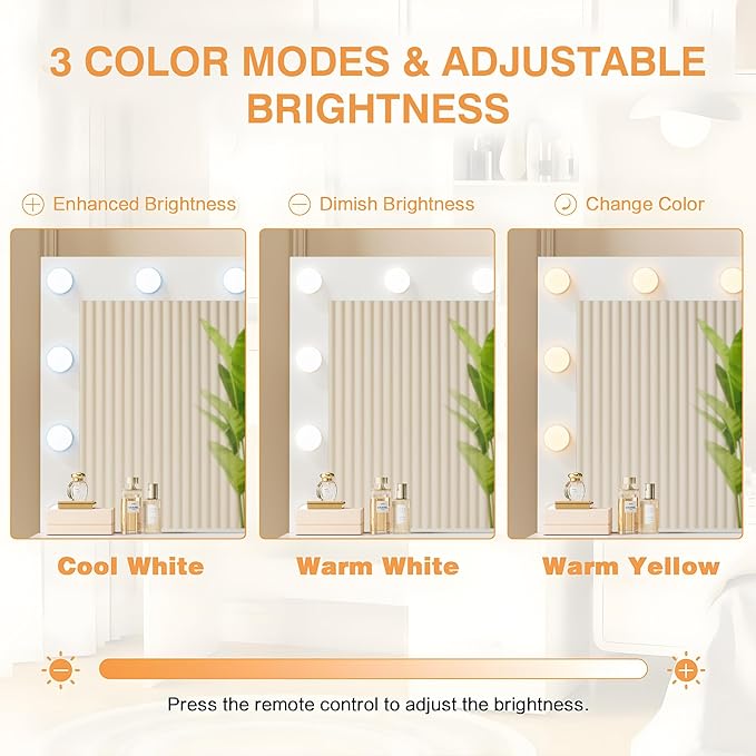 YESHOMY Vanity Desk with Mirror, 10 Lights, Power Outlet and 3 Storage Shelves, Makeup Table with 4 Drawers, 3 Color Modes, for Bedroom, Pure White