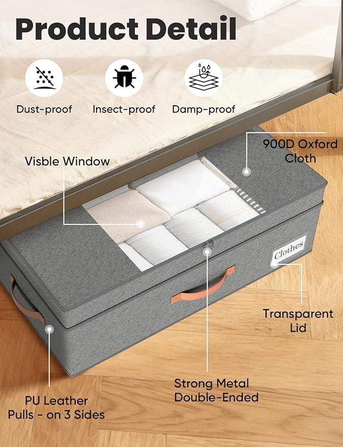 TOSKING 2-Pack Under Bed Storage Drawers with Wheels, 6 Vacuum Bags, Adjustable Height 7.9-10.2", Large 90L/80 lbs Clear Lid, 900D Oxford, Space Saver for Dorm Bedroom, Blankets, Clothes, Shoes, Gray